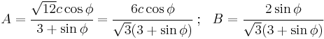 
   A = \cfrac{\sqrt{12} c \cos\phi}{3%2B\sin\phi} = \cfrac{6 c \cos\phi}{\sqrt{3}(3%2B\sin\phi)} ~;~~ B = \cfrac{2\sin\phi}{\sqrt{3}(3%2B\sin\phi)}
 