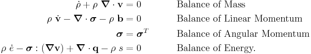 
    {
    \begin{align}
      \dot{\rho} %2B \rho~\boldsymbol{\nabla} \cdot \mathbf{v} & = 0 
          & & \qquad\text{Balance of Mass} \\
      \rho~\dot{\mathbf{v}} - \boldsymbol{\nabla} \cdot \boldsymbol{\sigma} - \rho~\mathbf{b} & = 0 
          & & \qquad\text{Balance of Linear Momentum} \\
      \boldsymbol{\sigma} & = \boldsymbol{\sigma}^T
          & & \qquad\text{Balance of Angular Momentum} \\
      \rho~\dot{e} - \boldsymbol{\sigma}:(\boldsymbol{\nabla}\mathbf{v}) %2B \boldsymbol{\nabla} \cdot \mathbf{q} - \rho~s & = 0
          & & \qquad\text{Balance of Energy.}
    \end{align}
    }
  