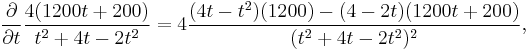 
\frac{\partial}{\partial t} \frac{ 4(1200t %2B 200) }{ t^2 %2B 4t - 2t^2 } = 4\frac{ (4t - t^2)(1200) - (4 - 2t)(1200t %2B 200) }{ (t^2 %2B 4t - 2t^2)^2 },
