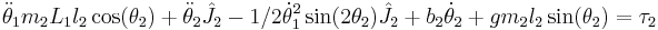 \ddot{\theta}_1 m_2 L_1 l_2 \cos(\theta_2)
%2B\ddot{\theta}_2 \hat{J_2}
- 1/2 \dot{\theta}_1^2 \sin(2 \theta_2) \hat{J_2} 
%2Bb_2 \dot{\theta}_2
%2Bg m_2 l_2 \sin(\theta_2)
= \tau_2