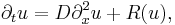 
\partial_t u = D \partial^2_x u %2B R(u),
