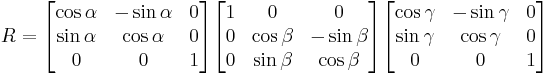 \begin{align}
R &= \begin{bmatrix}
\cos \alpha & -\sin \alpha & 0 \\
\sin \alpha & \cos \alpha & 0 \\
0 & 0 & 1 \end{bmatrix} \begin{bmatrix}
1 & 0 & 0 \\
0 & \cos \beta & -\sin \beta \\
0 & \sin \beta & \cos \beta \end{bmatrix} \begin{bmatrix}
\cos \gamma & -\sin \gamma & 0 \\
\sin \gamma & \cos \gamma & 0 \\
0 & 0 & 1 \end{bmatrix} \end{align}
