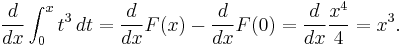 {d \over dx} \int_0^x t^3\, dt = {d \over dx} F(x) - {d \over dx} F(0) = {d \over dx} {x^4 \over 4} = x^3.