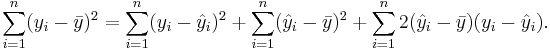 
\sum_{i=1}^n (y_{i}-\bar{y})^2=\sum_{i=1}^n (y_i - \hat{y}_{i})^2%2B\sum_{i=1}^n (\hat{y}_i - \bar{y})^2 %2B \sum_{i=1}^n 2(\hat{y}_{i}-\bar{y})(y_i - \hat{y}_i).
