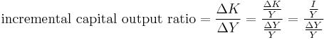 \text{incremental capital output ratio} = \frac{\Delta K}{\Delta Y} = \frac{\frac{\Delta K}{Y}}{\frac{\Delta Y}{Y}}= \frac{\frac{I}{Y}}{\frac{\Delta Y}{Y}}
