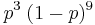 p^3 \; (1-p)^9