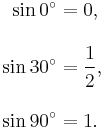 
\begin{align}
\sin 0^\circ & = 0, \\[10pt]
\sin 30^\circ & = \frac 12, \\[10pt]
\sin 90^\circ & = 1.
\end{align}
