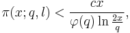 \pi(x;q,l)< \frac{cx}{\varphi(q)\ln\frac{2x}{q}},