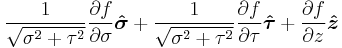  \frac{1}{\sqrt{\sigma^{2} %2B \tau^{2}}} {\partial f \over \partial \sigma}\boldsymbol{\hat \sigma} %2B \frac{1}{\sqrt{\sigma^{2} %2B \tau^{2}}} {\partial f \over \partial \tau}\boldsymbol{\hat \tau} %2B {\partial f \over \partial z}\boldsymbol{\hat z}