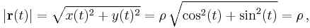 |\mathbf{r}(t)| = \sqrt {x(t)^2 %2B y(t)^2 } = \rho\, \sqrt{\cos^2(t) %2B \sin^2(t)} = \rho\, ,