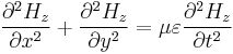 \frac{\partial^2H_z}{\partial{x}^2}%2B\frac{\partial^2{H_z}}{\partial{y}^2} = \mu\varepsilon\frac{\partial^2{H_z}}{\partial{t}^2}