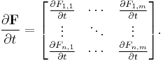 
\frac{\partial \mathbf{F}}{\partial t} =
\begin{bmatrix}
\frac{\partial F_{1,1}}{\partial t} & \cdots & \frac{\partial F_{1,m}}{\partial t}\\
\vdots & \ddots & \vdots\\
\frac{\partial F_{n,1}}{\partial t} & \cdots & \frac{\partial F_{n,m}}{\partial t}\\
\end{bmatrix}.
