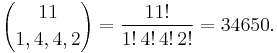 {11 \choose 1, 4, 4, 2} = \frac{11!}{1!\, 4!\, 4!\, 2!} = 34650.