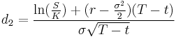 d_{2}=\frac{\ln(\frac{S}{K})%2B(r-\frac{\sigma^{2}}{2})(T-t)}{\sigma\sqrt{T-t}}