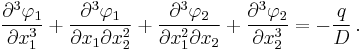 
  \frac{\partial^3\varphi_1}{\partial x_1^3}%2B\frac{\partial^3 \varphi_1}{\partial x_1\partial x_2^2} %2B \frac{\partial^3 \varphi_2}{\partial x_1^2 \partial x_2}%2B
  \frac{\partial^3 \varphi_2}{\partial x_2^3}= -\frac{q}{D} \,.
