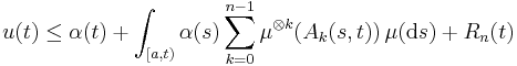 u(t) \le \alpha(t) %2B \int_{[a,t)} \alpha(s) \sum_{k=0}^{n-1} \mu^{\otimes k}(A_k(s,t))\,\mu(\mathrm{d}s) %2B R_n(t)