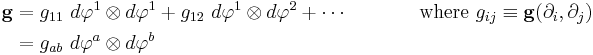 \begin{align}
\bold g &=  g_{11}\ d\varphi^1 \otimes d\varphi^1 %2B  g_{12}\ d\varphi^1 \otimes d\varphi^2 %2B \cdots 
~~~~~~~~~~~\text{where}~g_{ij}\equiv\bold g(\partial_i,\partial_j)\\
&=g_{ab} \ d\varphi^a \otimes d\varphi^b
\end{align}