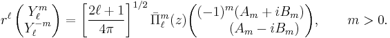 
r^\ell\,
\begin{pmatrix}
 Y_\ell^{m} \\
 Y_\ell^{-m}
\end{pmatrix}
=
\left[\frac{2\ell%2B1}{4\pi}\right]^{1/2} \bar{\Pi}^m_\ell(z)  
\begin{pmatrix}
(-1)^m (A_m %2B  i B_m) \\
\qquad (A_m -  i B_m) \\
\end{pmatrix} ,
\qquad m > 0.
