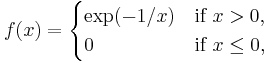 f(x)=\begin{cases}\exp(-1/x)&\text{if }x>0,\\ 0&\text{if }x\le0,\end{cases}