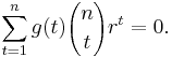 \sum_{t=1}^n g(t){n \choose t}r^t = 0 .