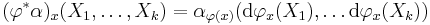  (\varphi^*\alpha)_x(X_1,\ldots, X_k) = \alpha_{\varphi(x)}(\mathrm d\varphi_x(X_1),\ldots \mathrm d\varphi_x(X_k))