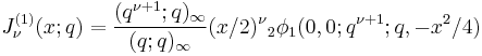  J_\nu^{(1)}(x;q) = \frac{(q^{\nu%2B1};q)_\infty}{(q;q)_\infty} (x/2)^\nu {}_2\phi_1(0,0;q^{\nu%2B1};q,-x^2/4) 