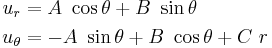 
   \begin{align}
   u_r &= A~\cos\theta %2B B~\sin\theta \\
   u_\theta &= -A~\sin\theta %2B B~\cos\theta %2B C~r\\
   \end{align}
 