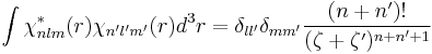 
\int \chi^*_{nlm}(r)\chi_{n'l'm'}(r)d^3r
=\delta_{ll'}\delta_{mm'}\frac{(n%2Bn')!}{(\zeta%2B\zeta')^{n%2Bn'%2B1}}
