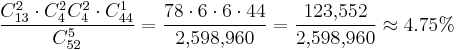 \frac {C_{13}^2 \cdot C_4^2 C_4^2 \cdot C_{44}^1} {C_{52}^5} = \frac {78 \cdot 6 \cdot 6 \cdot 44} {2{,}598{,}960} = \frac {123{,}552} {2{,}598{,}960} \approx 4.75% 