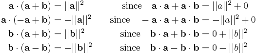 \begin{align}
\mathbf{a}\cdot(\mathbf{a}%2B\mathbf{b}) &= ||\mathbf{a}||^2 &\quad\mathrm{since}\quad \mathbf{a}\cdot\mathbf{a}%2B\mathbf{a}\cdot\mathbf{b} &= ||a||^2%2B0 \\
\mathbf{a}\cdot(-\mathbf{a}%2B\mathbf{b}) &= -||\mathbf{a}||^2 &\quad\mathrm{since}\quad -\mathbf{a}\cdot\mathbf{a}%2B\mathbf{a}\cdot\mathbf{b} &= -||a||^2%2B0 \\
\mathbf{b}\cdot(\mathbf{a}%2B\mathbf{b}) &= ||\mathbf{b}||^2 &\quad\mathrm{since}\quad \mathbf{b}\cdot\mathbf{a}%2B\mathbf{b}\cdot\mathbf{b} &= 0%2B||b||^2 \\
\mathbf{b}\cdot(\mathbf{a}-\mathbf{b}) &= -||\mathbf{b}||^2 &\quad\mathrm{since}\quad \mathbf{b}\cdot\mathbf{a}-\mathbf{b}\cdot\mathbf{b} &= 0-||b||^2
\end{align}