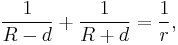  \frac{1}{R-d} %2B \frac{1}{R%2Bd} = \frac{1}{r}, 