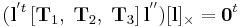 
({\mathbf l}^{'t} \left[{\mathbf T}_1, \; {\mathbf T}_2, \; {\mathbf T}_3 \right] {\mathbf l}^{''}) [{\mathbf l}]_{\times} = {\mathbf 0}^t
