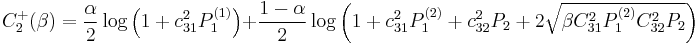 
C_2^%2B(\beta) = \frac{\alpha}{2} \log \left( 1 %2B c_{31}^2 P_1^{(1)} \right)
  %2B \frac{1-\alpha}{2} \log \left( 1 %2B c_{31}^2 P_1^{(2)} %2B c_{32}^2 P_2 %2B 2 \sqrt{ \beta C_{31}^2 P_1^{(2)} C_{32}^2 P_2} \right)
