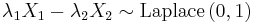 \lambda_1 X_1-\lambda_2 X_2 \sim \mathrm{Laplace}\left(0,1\right)\,