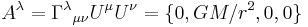 A^\lambda = \Gamma^\lambda {}_{\mu \nu}U^\mu U^\nu = \{0,GM/r^2,0,0\}