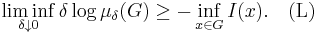 \liminf_{\delta \downarrow 0} \delta \log \mu_{\delta} (G) \geq - \inf_{x \in G} I(x). \quad \mbox{(L)}