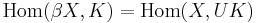 \mbox{Hom}(\beta X, K) = \mbox{Hom}(X, UK)