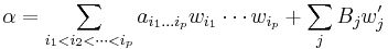 \alpha = \sum_{i_1<i_2<\cdots<i_p} a_{i_1\dots i_p}w_{i_1}\cdots w_{i_p} %2B \sum_j B_jw'_j