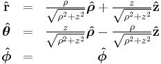 \begin{matrix}
    \mathbf{\hat r}         & = & \frac{\rho}{\sqrt{\rho^2 %2Bz^2}}\boldsymbol{\hat \rho}%2B\frac{   z}{\sqrt{\rho^2 %2Bz^2}}\mathbf{\hat z} \\
    \boldsymbol{\hat\theta} & = & \frac{z   }{\sqrt{\rho^2 %2Bz^2}}\boldsymbol{\hat \rho}-\frac{\rho}{\sqrt{\rho^2 %2Bz^2}}\mathbf{\hat z} \\
    \boldsymbol{\hat\phi}   & = & \boldsymbol{\hat\phi}
    \end{matrix}