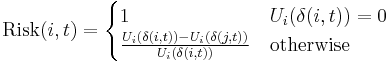 
\text{Risk}(i,t)=
\begin{cases}
  1 & U_{i}(\delta(i,t))=0 \\
  \frac{U_{i}(\delta(i,t))-U_{i}(\delta(j,t))}{U_{i}(\delta(i,t))} & \text{otherwise}
\end{cases}
