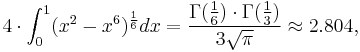 4 \cdot \int_0^1 (x^2 - x^6)^{\frac{1}{6}} dx = \frac{ \Gamma(\frac{1}{6}) \cdot \Gamma(\frac{1}{3})}{3 \sqrt{\pi}} \approx 2.804,