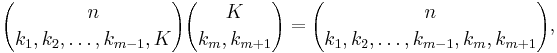 {n\choose k_1,k_2,\ldots,k_{m-1},K}{K\choose k_m,k_{m%2B1}} = {n\choose k_1,k_2,\ldots,k_{m-1},k_m,k_{m%2B1}},