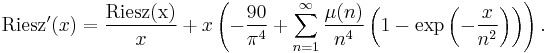 {\rm Riesz}'(x) = \frac{{\rm Riesz(x)}}{x} %2B x\left(-\frac{90}{\pi^4} %2B \sum_{n=1}^\infty \frac{\mu(n)}{n^4} \left(1-\exp\left(-\frac{x}{n^2}\right)\right)\right).