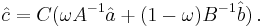 \hat c = C(\omega A^{-1} \hat a %2B (1-\omega)B^{-1} \hat b) \, .