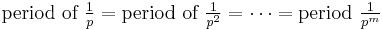 \text{period of } \tfrac{1}{p}= \text{period of }\tfrac{1}{p^{2}}= \cdots = \text{period }\tfrac{1}{p^m}