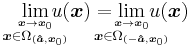  \lim_{\overset{\boldsymbol{x}\rightarrow \boldsymbol{x}_0}{\boldsymbol{x}\in\Omega_{({\boldsymbol{\hat{a}}},\boldsymbol{x}_0)}}}\!\!\!\!\!\!u(\boldsymbol{x}) = \!\!\!\!\!\!\!\lim_{\overset{\boldsymbol{x}\rightarrow \boldsymbol{x}_0}{\boldsymbol{x}\in\Omega_{(-{\boldsymbol{\hat{a}}},\boldsymbol{x}_0)}}}\!\!\!\!\!\!\!u(\boldsymbol{x})
