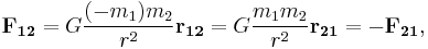 \mathbf{F_{12}} = G \frac{(-m_1) m_2}{r^2}\mathbf{r_{12}} = G \frac{m_1 m_2}{r^2}\mathbf{r_{21}} = \mathbf{-F_{21}},