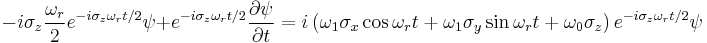  -i \sigma_z \frac{\omega_r}{2}e^{-i \sigma_z \omega_r t/2}\psi %2B e^{-i \sigma_z \omega_r t/2}\frac{\partial \psi}{\partial t}=i\left(\omega_1\sigma_x \cos{\omega_r t} %2B \omega_1\sigma_y \sin{\omega_r t} %2B \omega_0 \sigma_z\right)e^{-i \sigma_z \omega_r t/2}\psi 