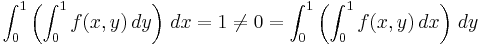 \int_0^1 \left(\int_0^1 f(x,y) \,dy\right)\,dx = 1\neq0 = \int_0^1 \left(\int_0^1 f(x,y)\, dx\right)\,dy