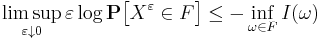 \limsup_{\varepsilon \downarrow 0} \varepsilon \log \mathbf{P} \big[ X^{\varepsilon} \in F \big] \leq - \inf_{\omega \in F} I(\omega)